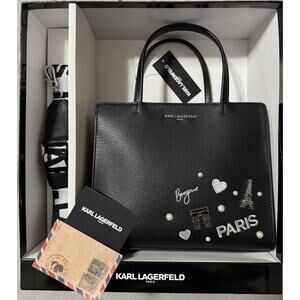 NWT Karl Lagerfeld Paris Maybelle Black & Silver Med. Satchel Handbag Crossbody